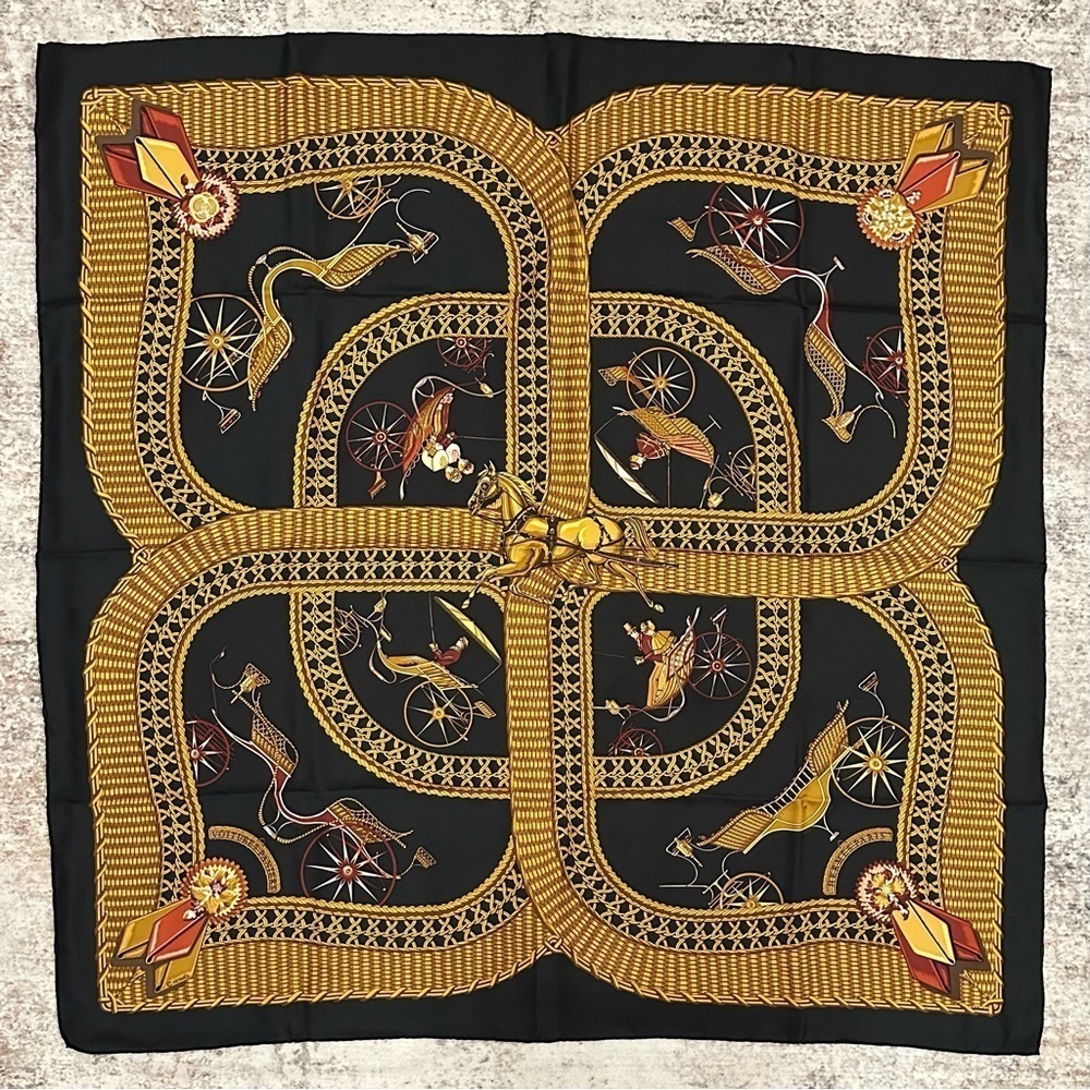 Hermes Black Voitures Paniers by J Abadie Silk Scarf France black gold red 35x35